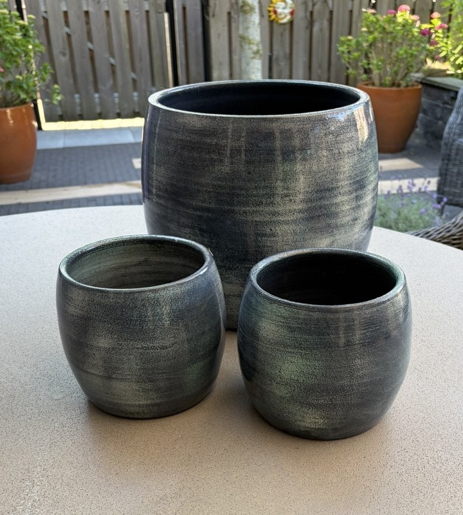 Bloempotten set Blauw van 3 handgemaakte uit Portugal, Rond, Ophalen of Verzenden, Aardewerk, Binnen