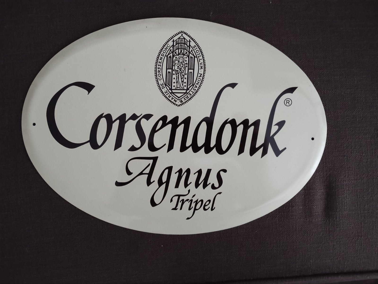 Vintage Corsendonk Agnus Tripel Emaille Reclamebord, Verzamelen, Biermerken, Ophalen of Verzenden, Gebruikt, Reclamebord, Plaat of Schild