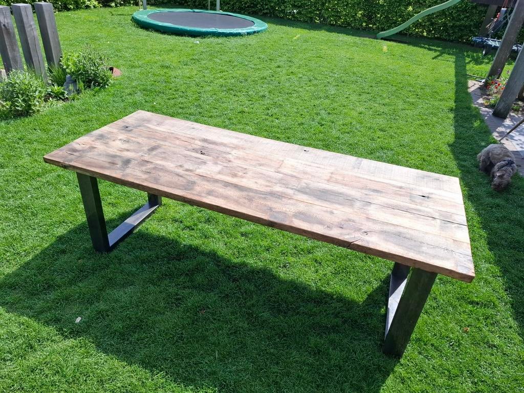 Tafel van oude wagonplanken, metaal onderstel, Tuin en Terras, Tuintafels, Ophalen, Gebruikt, Rechthoekig, Hout