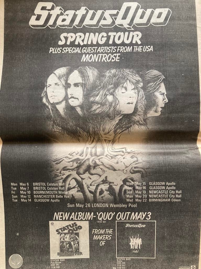 Paginagrote A3 advertentie STATUS QUO & MONTROSE tour, Cd's en Dvd's, Ophalen of Verzenden