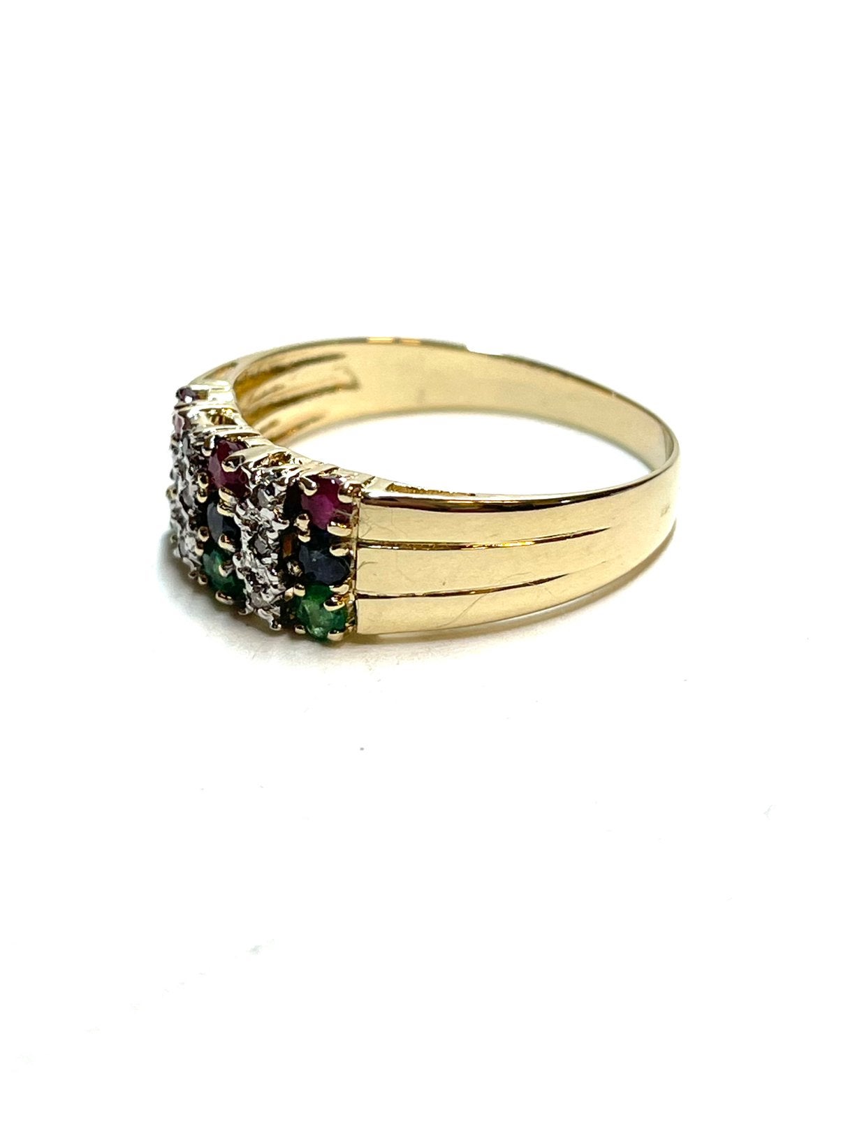 14k gouden ring met robijn, smaragd, saffier en diamant, 18 tot 19, -, -, Ophalen of Verzenden