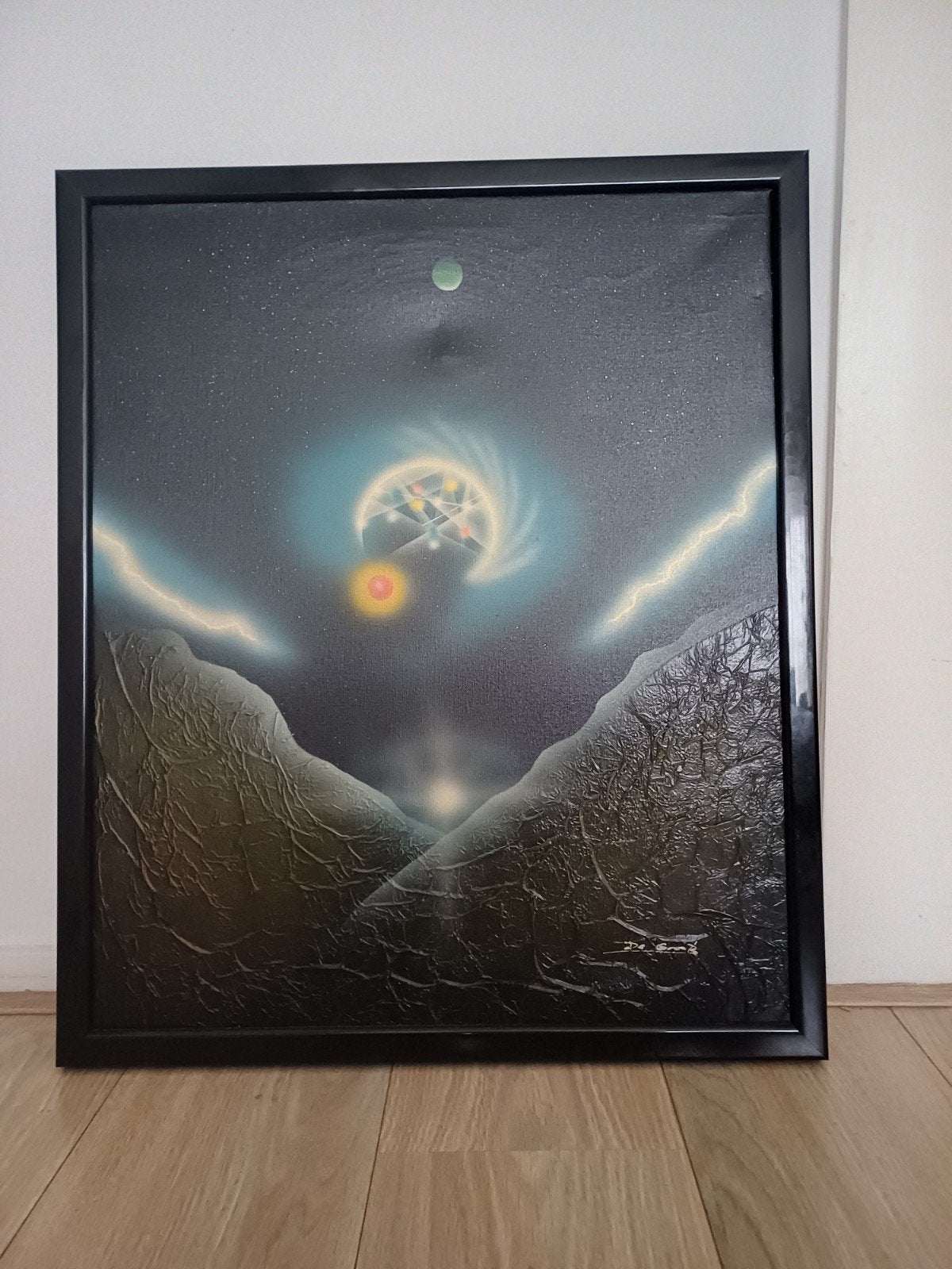 Olieverfschilderij van "De Groot" - Abstracte Ruimte, Antiek en Kunst, Kunst | Schilderijen | Modern, Ophalen, Olieverf, Textiel