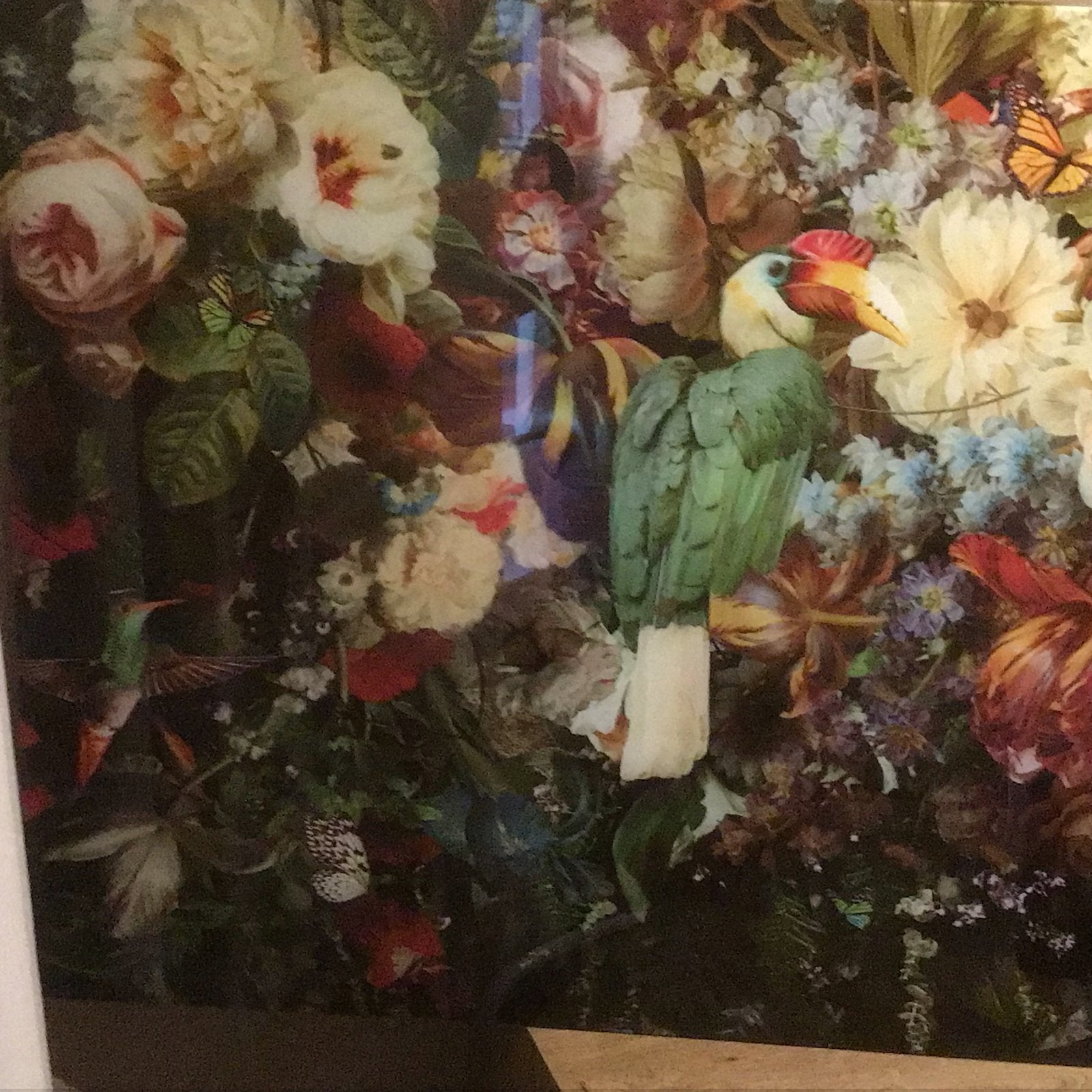 Mooi glazen schilderij met bloemen en papegaai 120x80cm, Ophalen, Gebruikt, Schilderij, 100 tot 125 cm