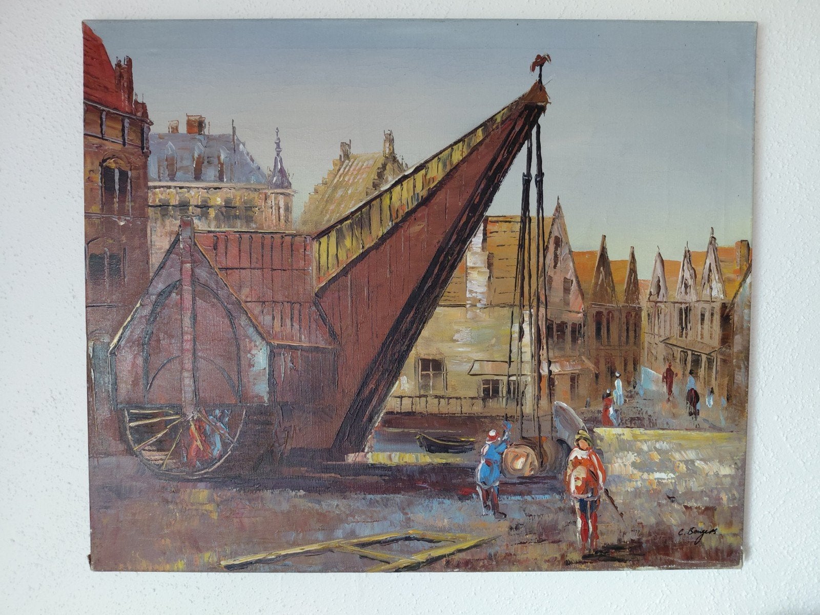Havenzicht met kraan - Olieverfschilderij C. Bongers, Maritiem / water, Doek, Realistisch, Ophalen of Verzenden