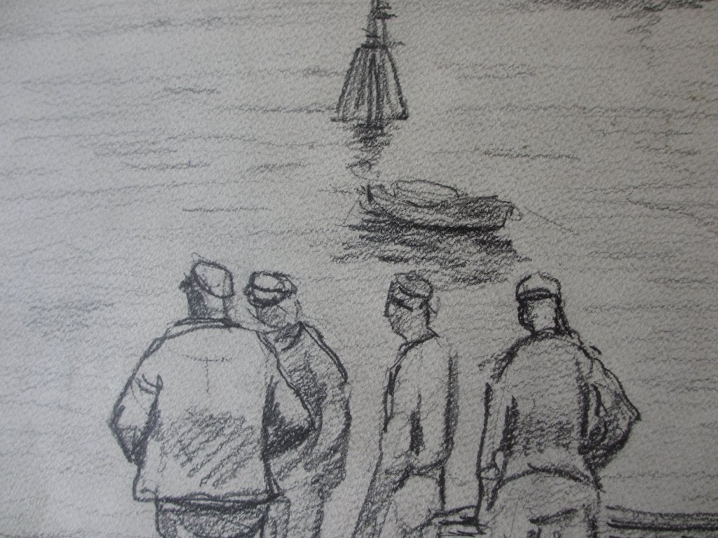 Vlot weggezette oude tekening  havenzicht/vissers Jos Mous, Antiek en Kunst, Kunst | Tekeningen en Foto's, Ophalen of Verzenden