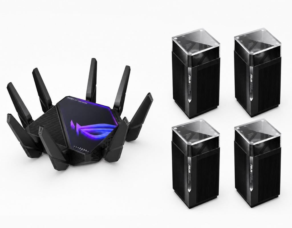 ASUS ROG Rapture GT-AXE16000 + 4 x XT12 Mesh Wifi verst., Computers en Software, Ophalen, Zo goed als nieuw, Router met modem