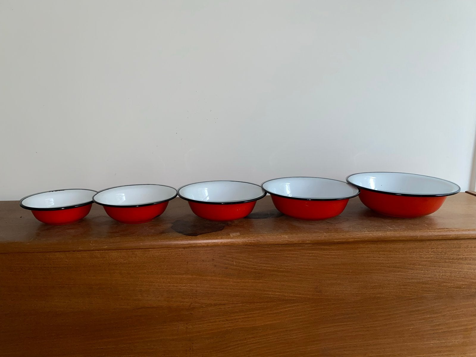 Set van 5 vintage emaille schalen - rood en wit, Ophalen of Verzenden