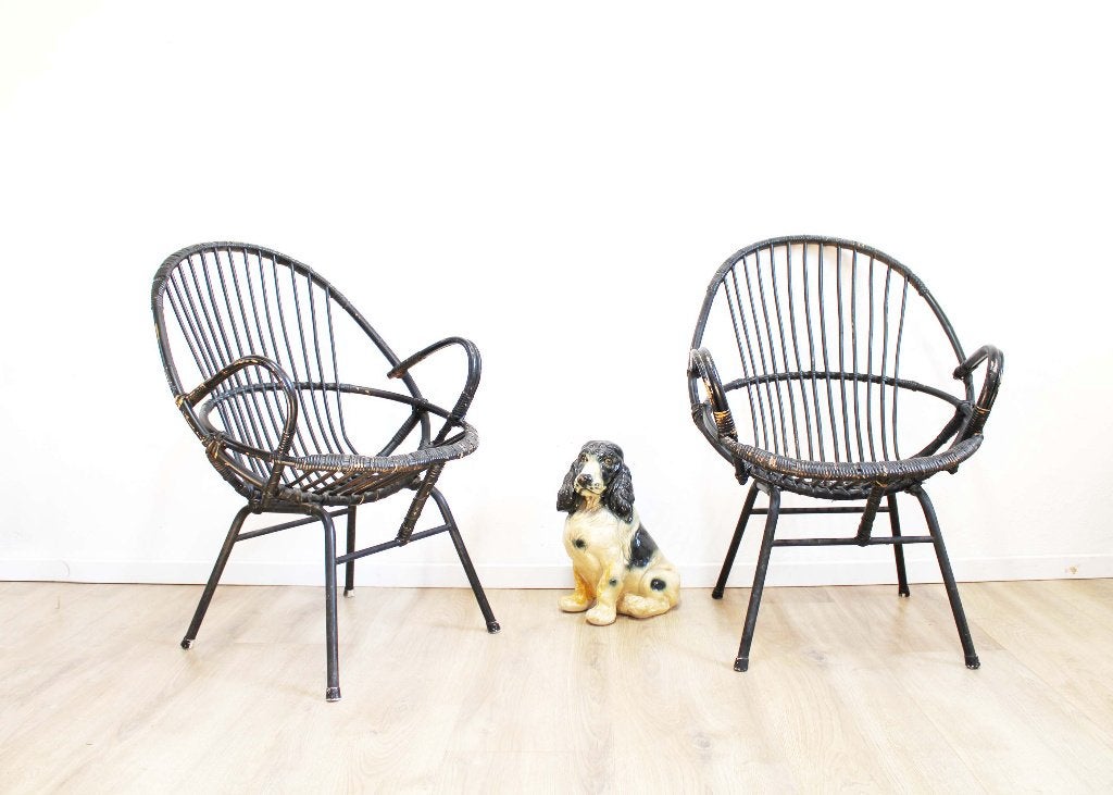 2 zwarte rotan vintage Rohé stoelen. Set retro fauteuils, Huis en Inrichting, Fauteuils, Ophalen, Minder dan 50 cm, O, 75 tot 100 cm