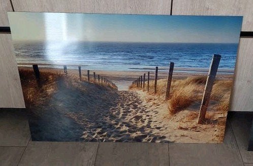 Alluminium wandecoratie het strand 90x60, Ophalen, Zo goed als nieuw, Schilderij, Minder dan 50 cm