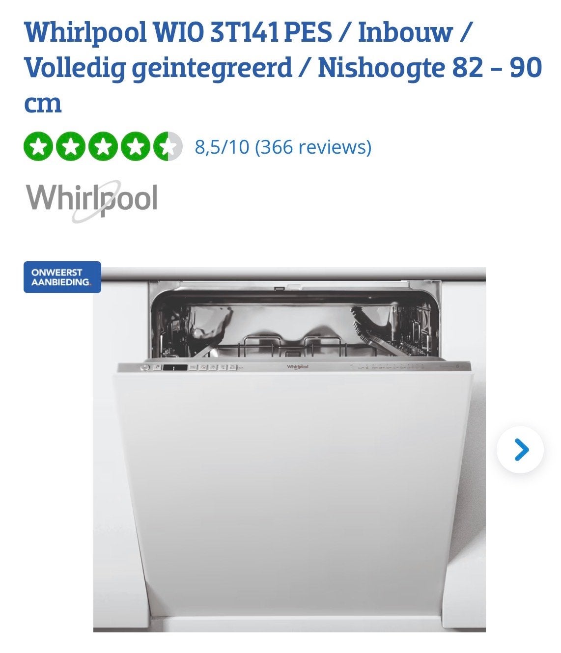 Whirlpool WIO 3T141 PES Inbouw Vaatwasser, Ophalen, Gebruikt, 60 cm of meer, Minder dan 10 liter