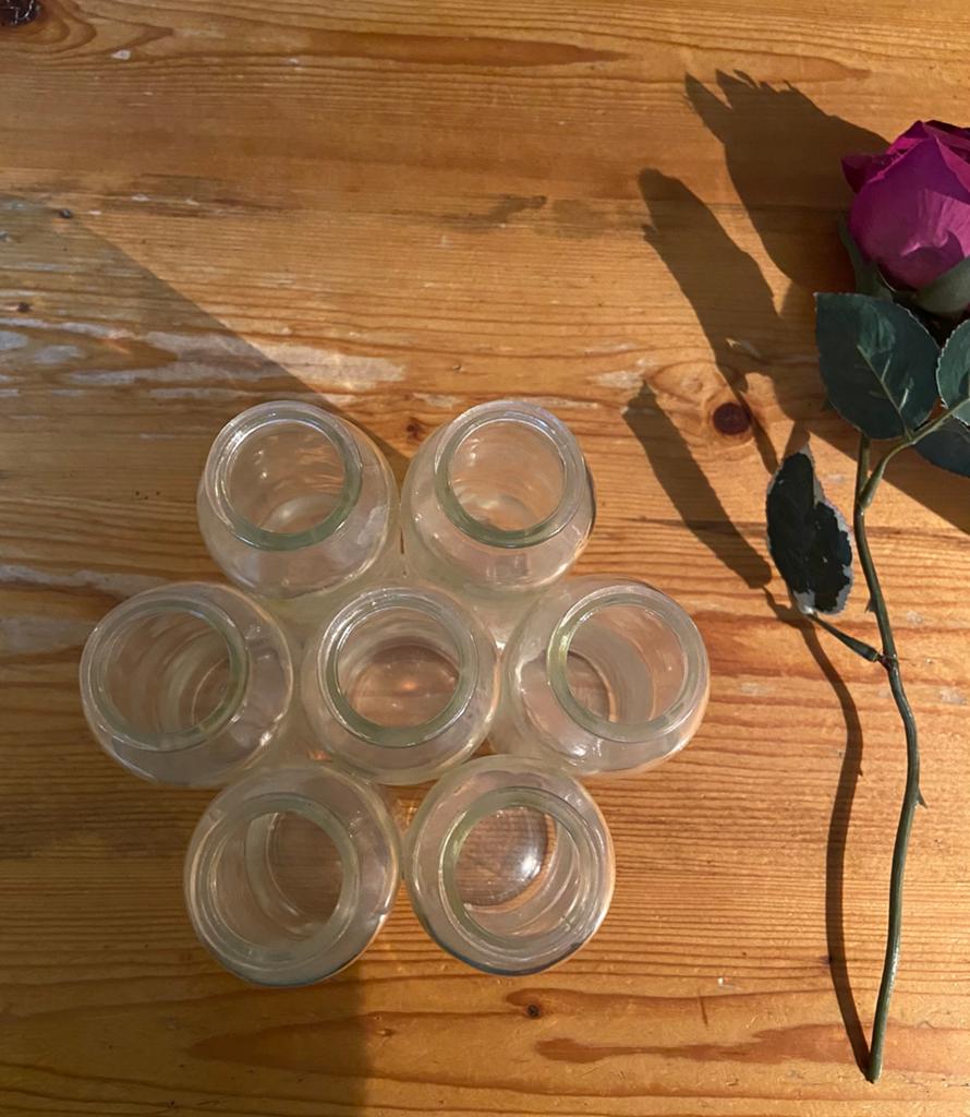 Set van 7 kleine glazen vaasjes voor bloemen, Ophalen of Verzenden, Gebruikt, Overige kleuren, Glas