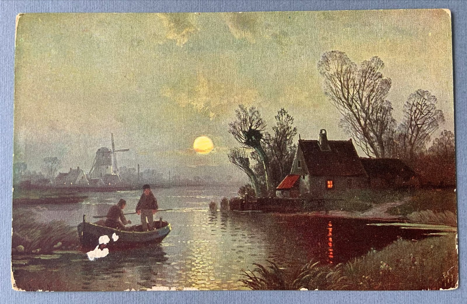 Hollands Landschap bij Avond met Molen en Boot, Verzenden, Voor 1920, Ongelopen