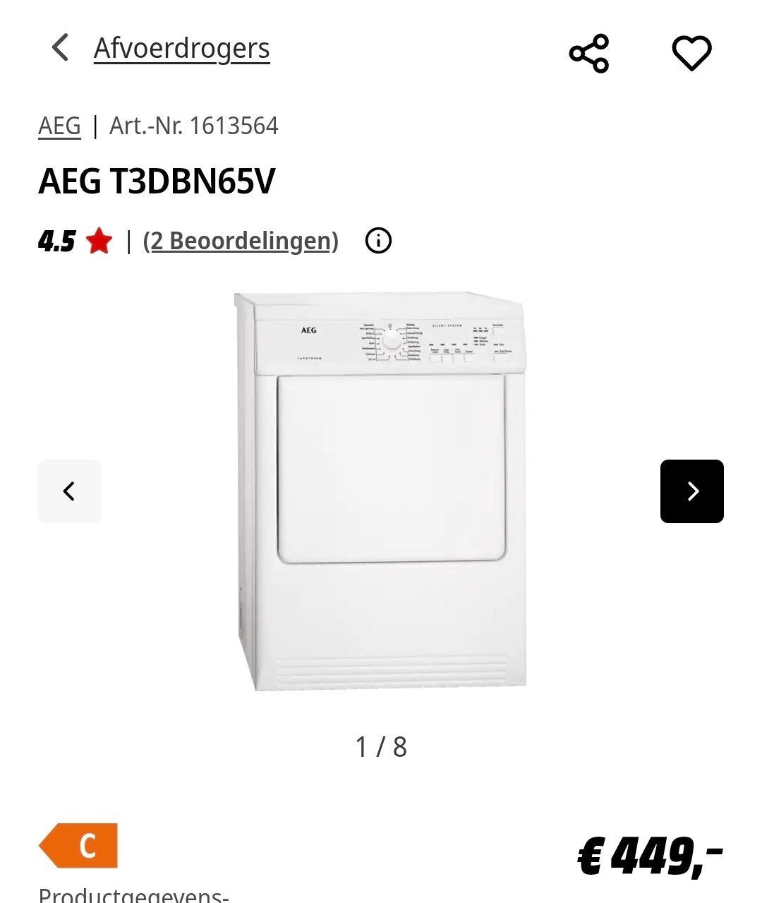 AEG wasdroger (afvoerdroger), Ophalen, Wolprogramma, 6 tot 8 kg, Minder dan 85 cm