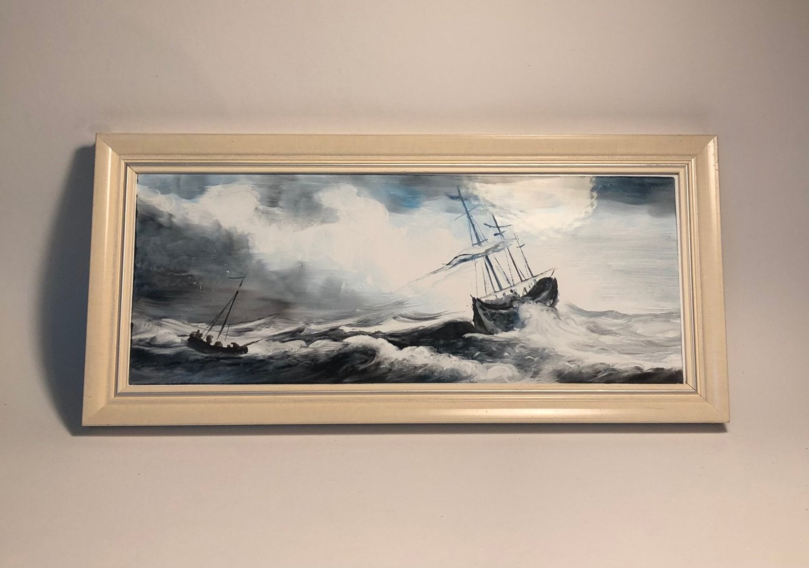 Mooie tekening, schepen in de storm, opdruk op metaal, Ophalen of Verzenden