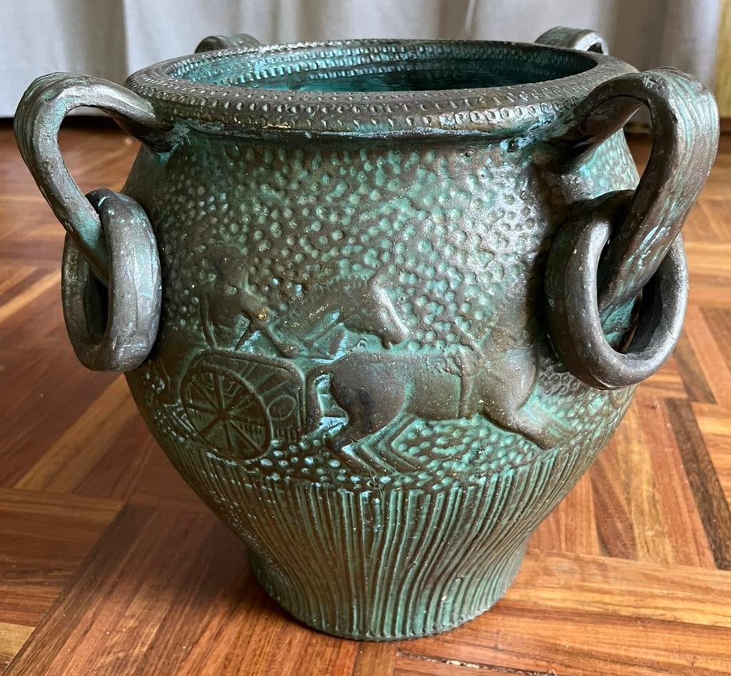Spaanse sierpot siervaas groenblauw met paarden, Antiek en Kunst, Ophalen