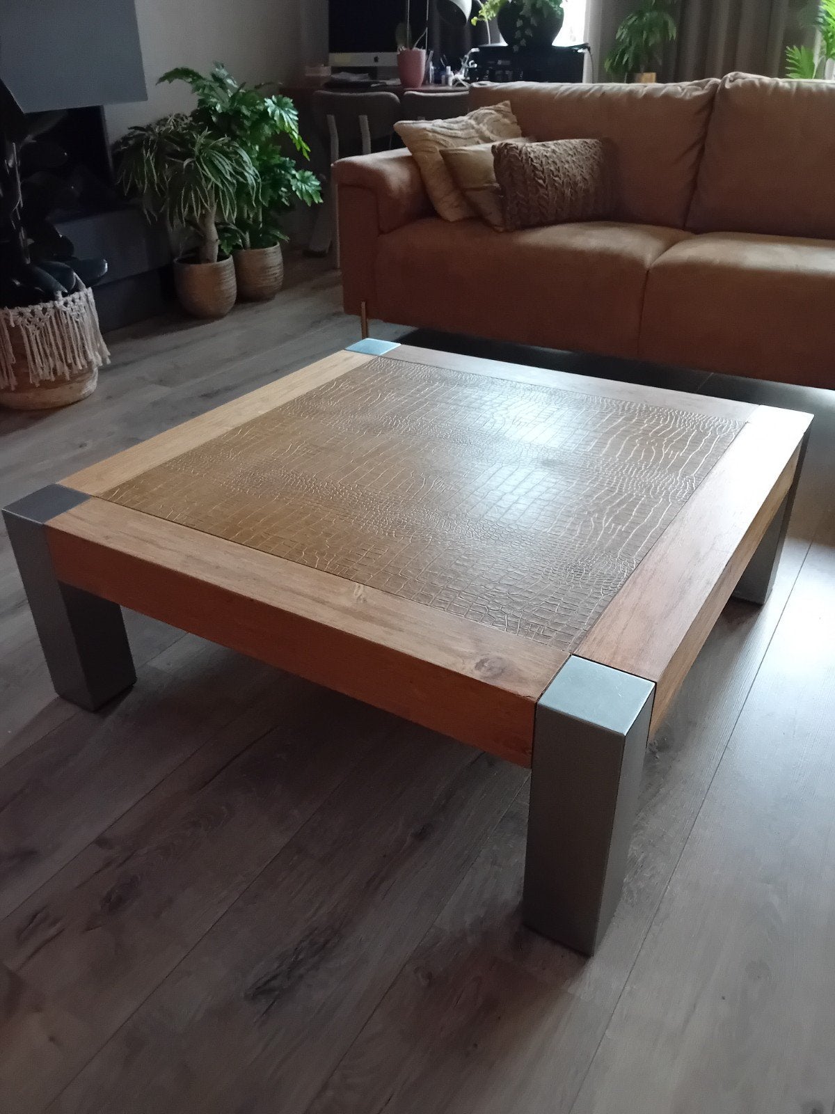 Massief eiken met staal en echt leren blad, Ophalen, Gebruikt, Eikenhout, Rechthoekig