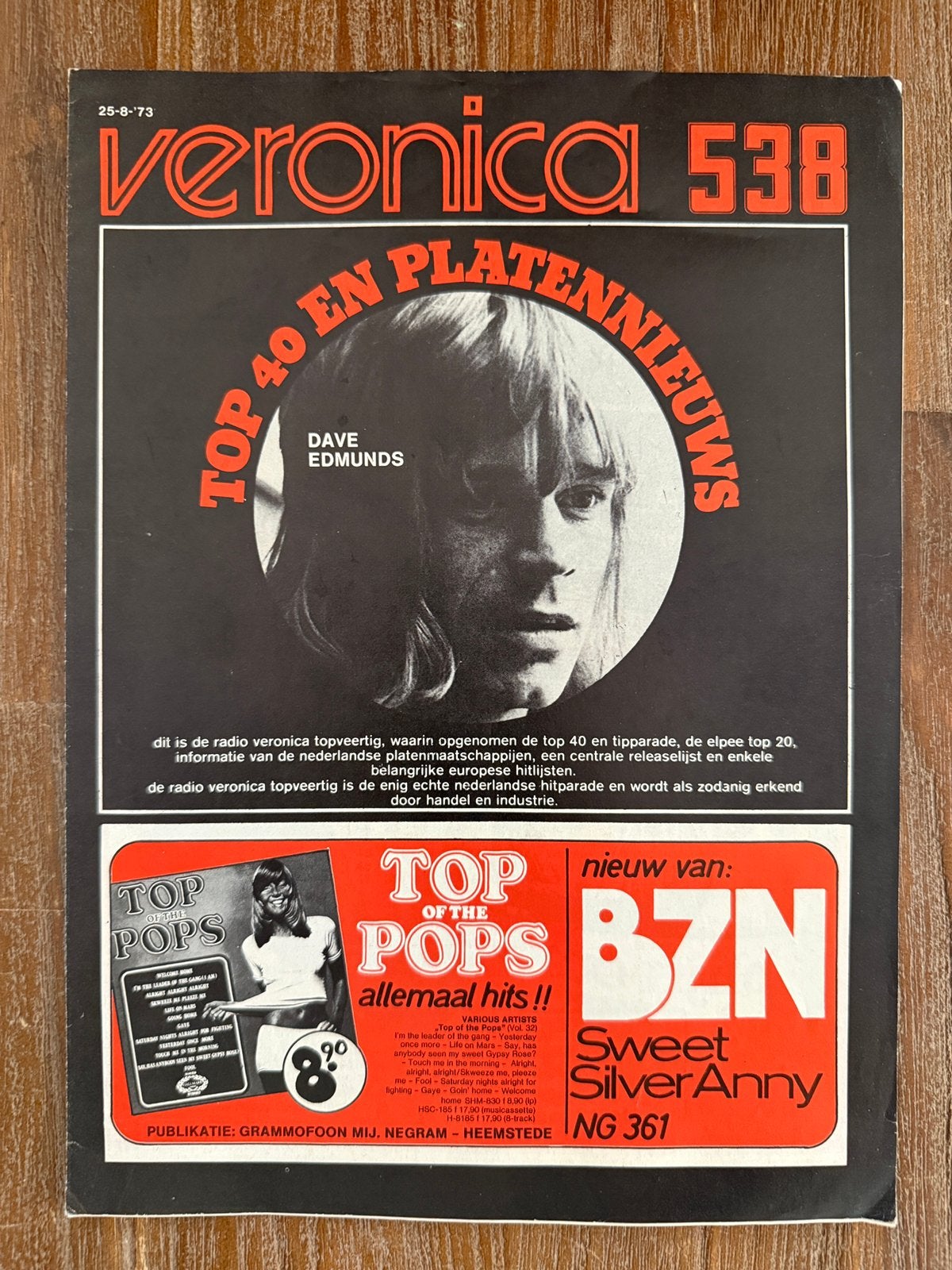 Veronica 528 Top 40 - 25 augustus 1973 Golden Earring, Ophalen of Verzenden, Gebruikt, Foto of Kaart