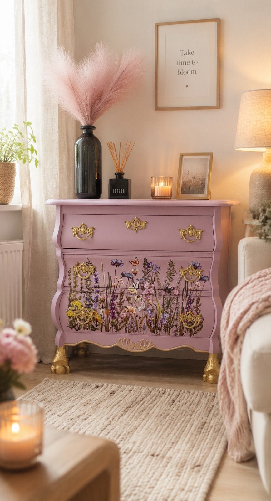 Schattig oudroze eiken buikkastje met bloemenprint, Huis en Inrichting, Eikenhout, Nieuw, 50 tot 100 cm, 3 of 4 laden