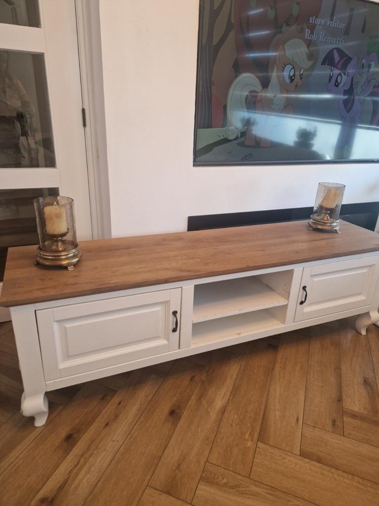 Richmond Interiors TV-meubel wit met eiken blad, Minder dan 50 cm, Ophalen of Verzenden, Landelijke stijl, 150 tot 200 cm