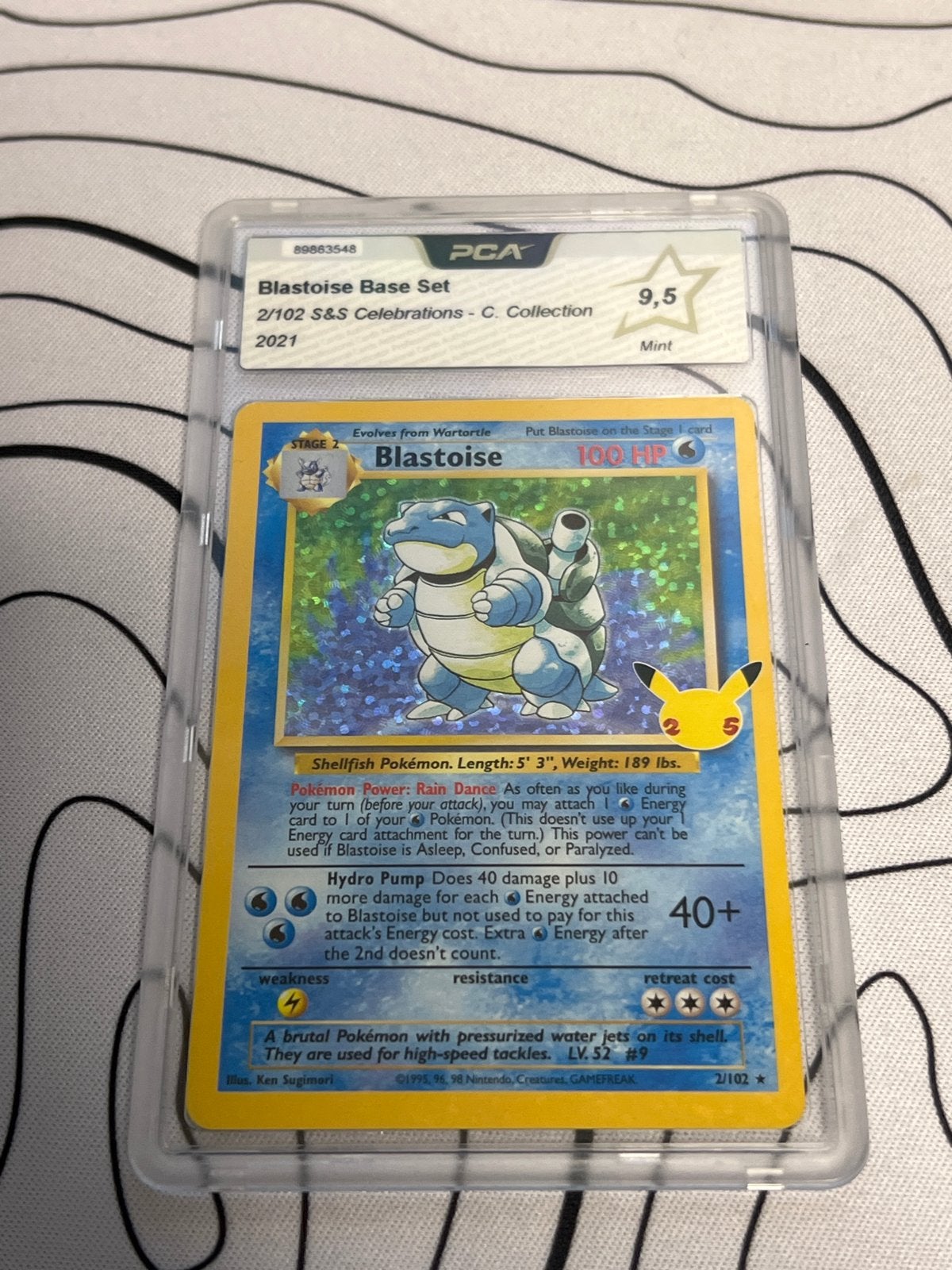 Blastoise Base Set 2/102 S&S Celebrations PCA 9.5, Ophalen of Verzenden, Zo goed als nieuw, Losse kaart