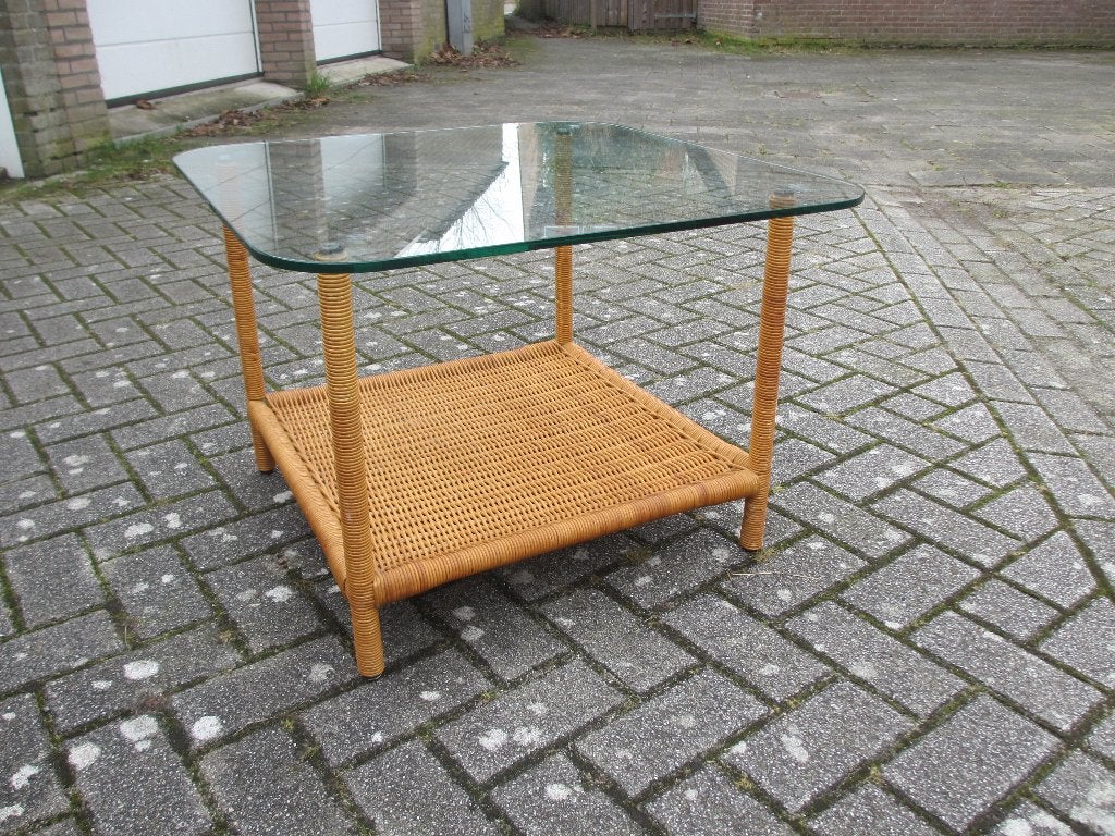 Vintage salontafel riet/ rotan ontwerp Dirk van Sliedregt ?, Ophalen, Gebruikt, Natuurlijk materiaal, Vintage