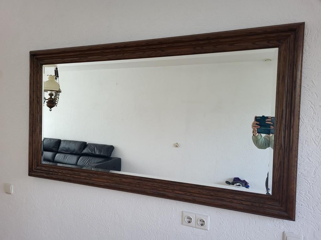 Mooie eikenhouten spiegel met geslepen glas, 170x91 cm, Antiek en Kunst, Ophalen, Rechthoekig, 50 tot 100 cm, 150 tot 200 cm