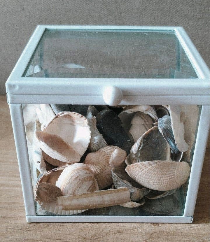 Wit glazen/metalen doosje met schelpen en stenen, Verzenden, Zo goed als nieuw, Wit, Metaal