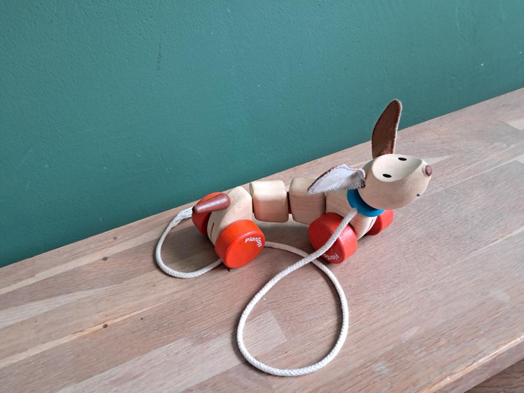 De Groene Merel houten plantoys hond trekfiguur, Ophalen of Verzenden