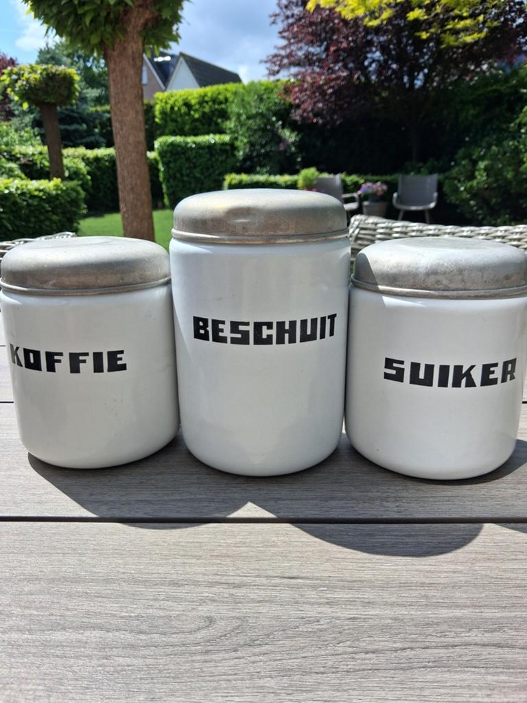 Wit emaille voorraadbussen koffie suiker en beschuit., Antiek en Kunst, Ophalen of Verzenden