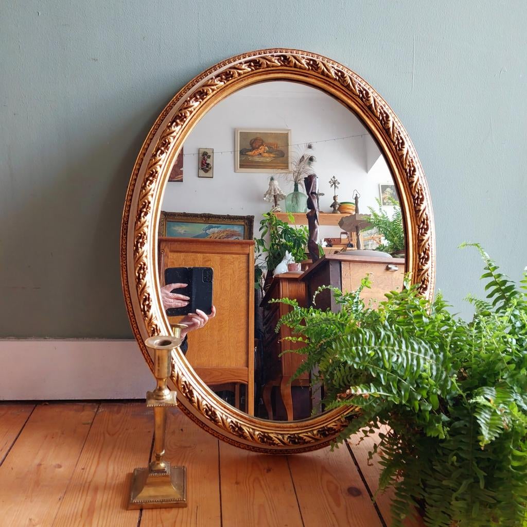 Lucky Vintage Brocante Ovale Spiegel met Barok Gouden Lijst, Ophalen, ., ., Minder dan 100 cm