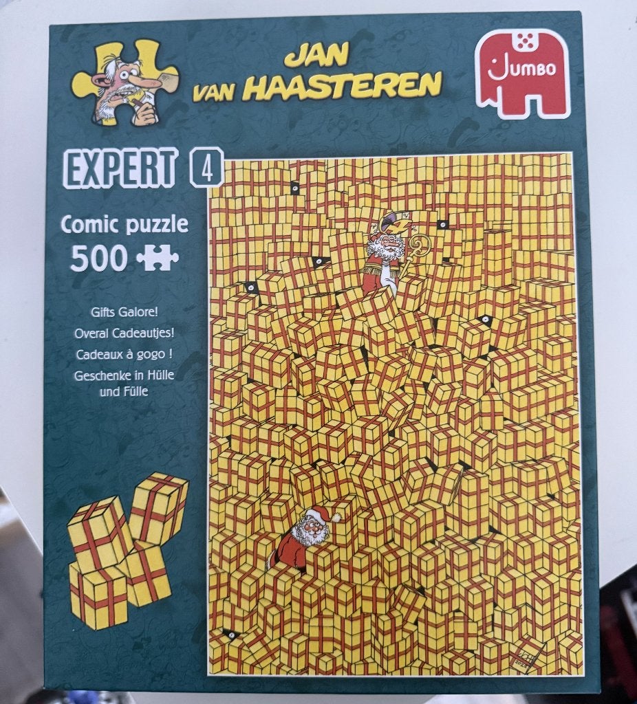 Jan van Haasteren Expert 4 Overal cadeautjes 500 stukjes, Ophalen of Verzenden, 500 t/m 1500 stukjes, Zo goed als nieuw, Legpuzzel