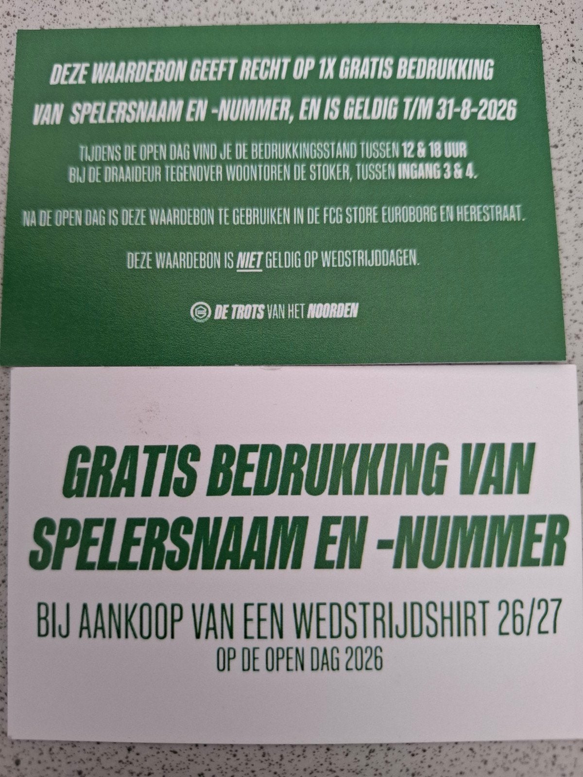 1x waardebon FC Groningen wedstrijdshirt bedrukking, Ophalen, Nieuw, Shirt