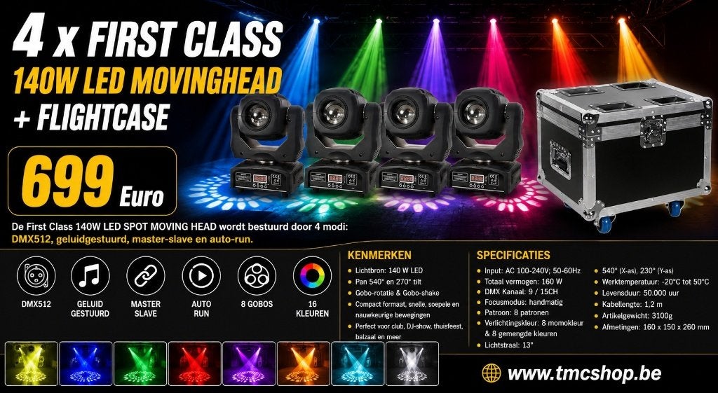 Nieuwe Flightcase met 4 x FIRST CLASS 140W LED MOVINGHEAD, Ophalen of Verzenden, Nieuw, Licht, Geluidgestuurd