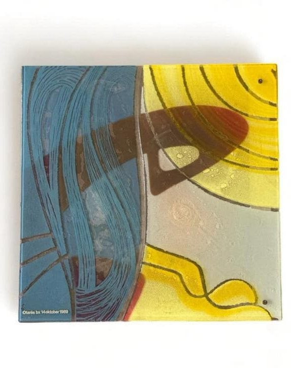 Koninklijke Leerdam Glaskunst Object - Abstract Blauw/Geel, Glas, Meerkleurig, Ophalen of Verzenden, Handgemaakt