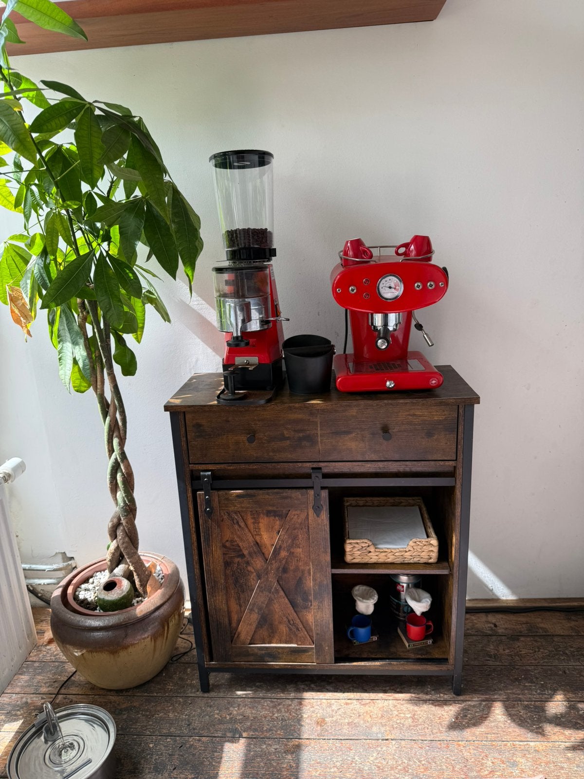 Industrieel dressoir-kast met schuifdeur hout & zwart metaal, Ophalen, Zo goed als nieuw, 25 tot 50 cm, Metaal