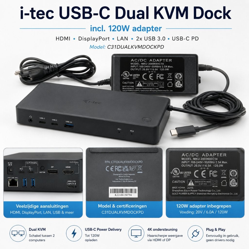 i-tec C31DUALKVMDOCKPD USB-C/Thunderbolt KVM Docking Station, Computers en Software, Dockingstations, Ophalen of Verzenden, Zo goed als nieuw