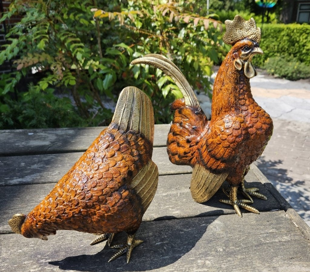 Haan en Hen / brons / tuinbeelden / kippen, Tuin en Terras, Tuinbeelden, Dierenbeeld, Nieuw, Info@huisentuindecoratiemarie.nl
