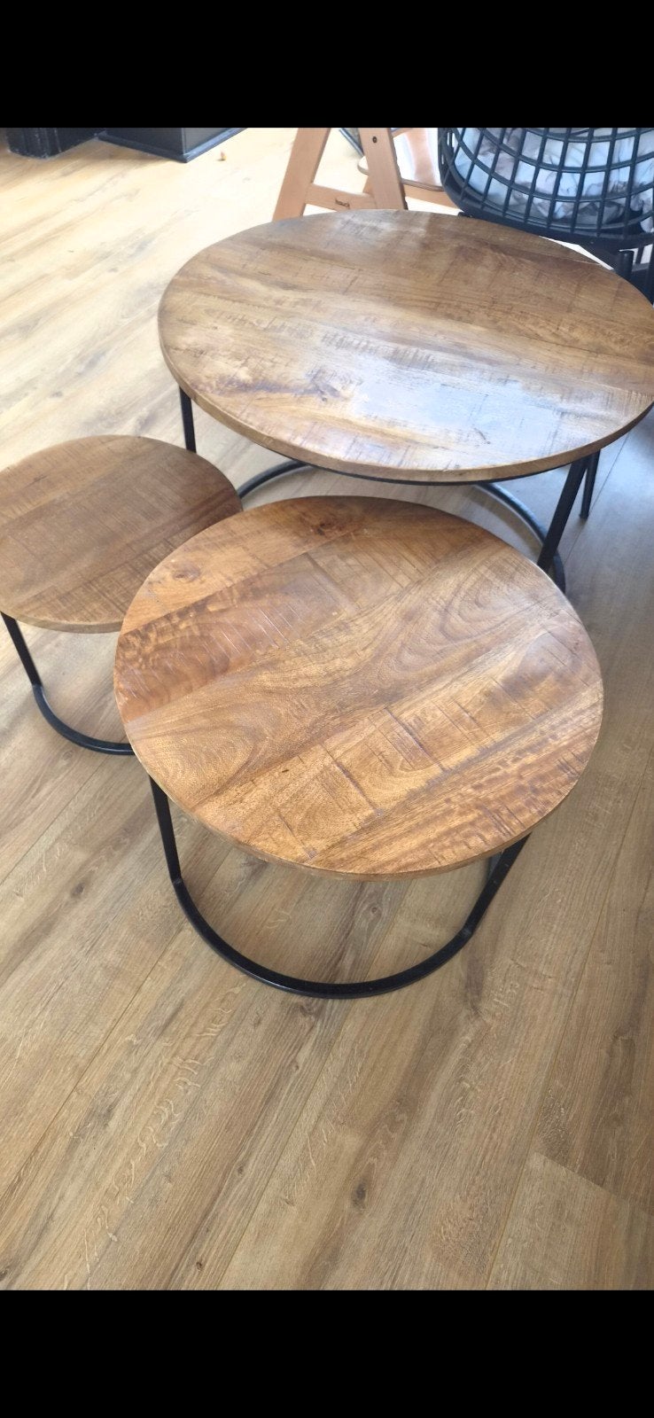 Set van 3 ronde mango houten tafels - Gebruikt, Huis en Inrichting, Ophalen, 50 – 75, Gebruikt, 50 tot 100 cm