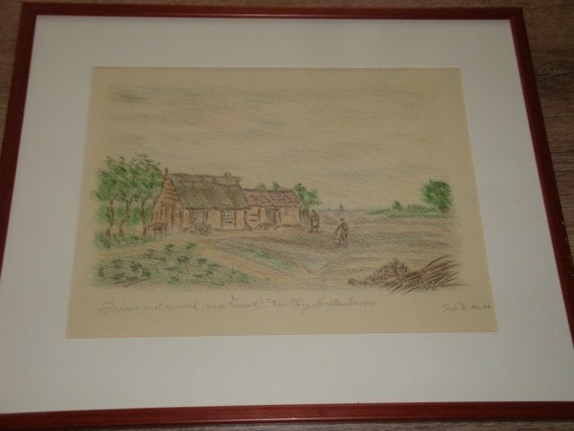 oude schildery tekening-schuur met mos dak, Ophalen of Verzenden, Tekening