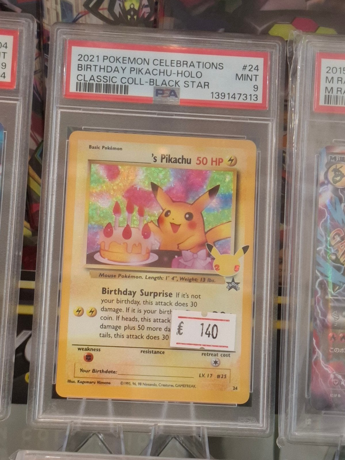 2021 Pokémon Celebrations Birthday Pikachu Holo PSA 9 #24, Ophalen of Verzenden, Zo goed als nieuw, Losse kaart, Foil