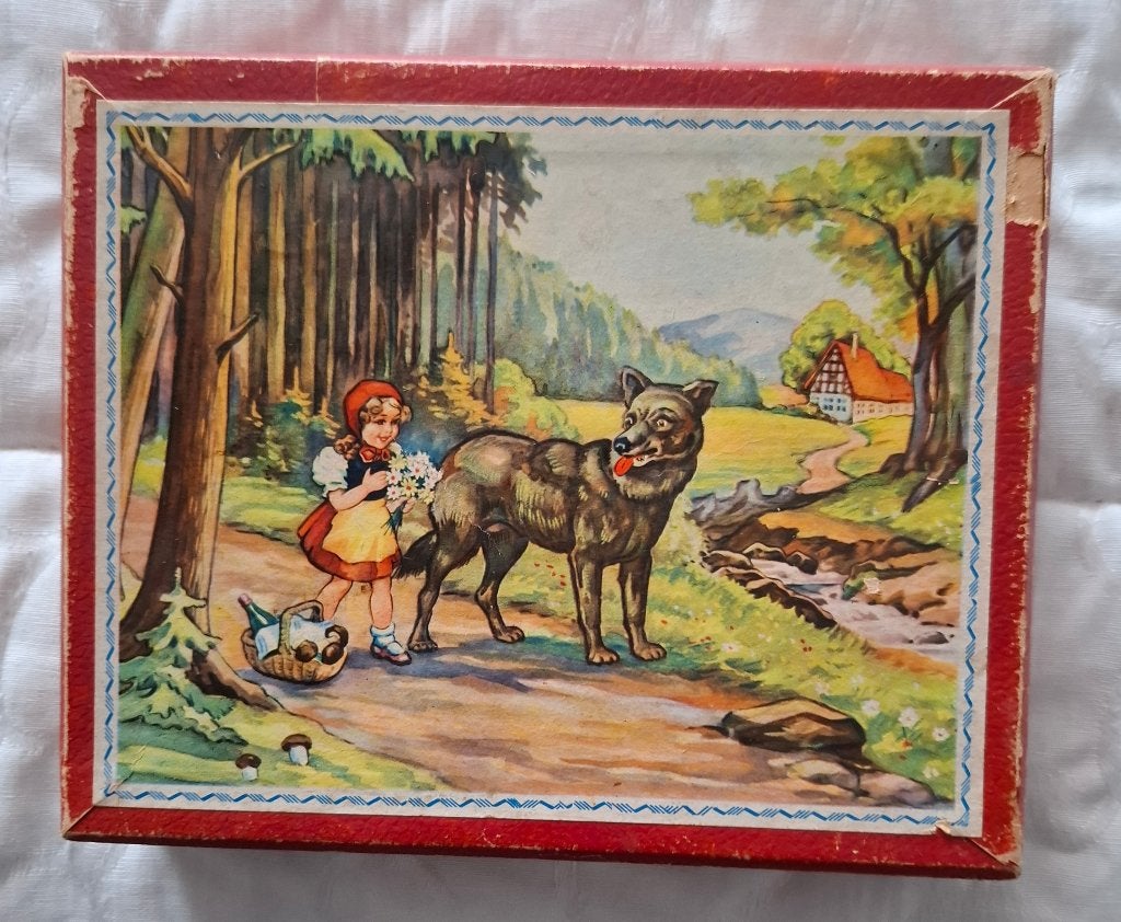 Vintage houten blokken puzzel "Roodkapje" jaren 50, 2 tot 4 jaar, Gebruikt, 10 tot 50 stukjes, Ophalen of Verzenden