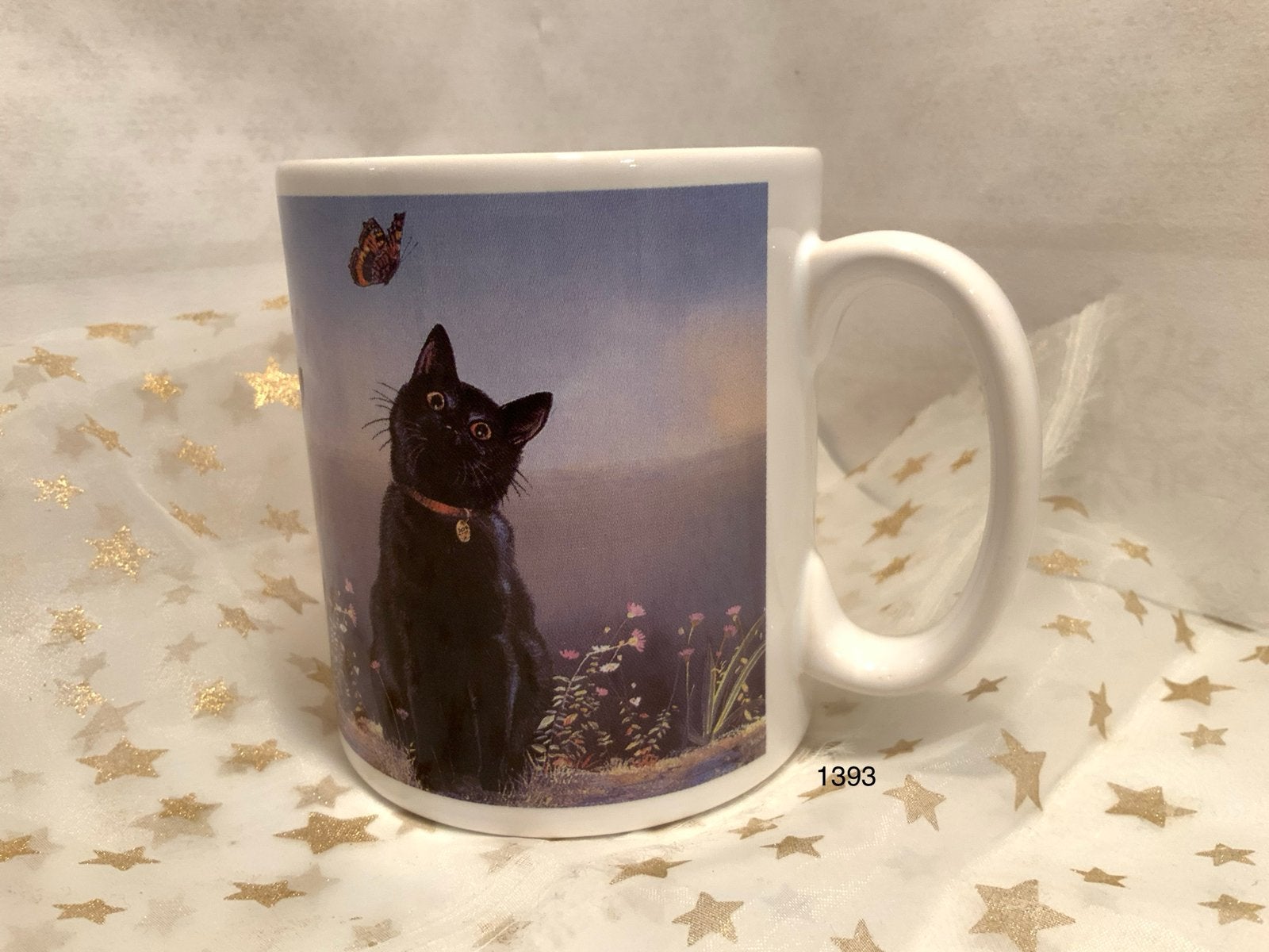 Mok met zwarte katten en vlinders - The Pollyanna Pickering, Overige typen, Ophalen of Verzenden, Zo goed als nieuw, Steen/keramiek