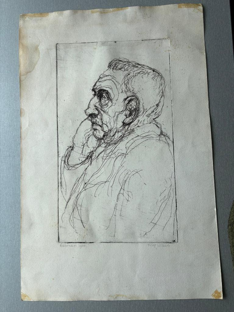 Ets van een oude man door Friep Wilbers - februari 1965, 33 cm, Origineel, Portret, Ophalen of Verzenden