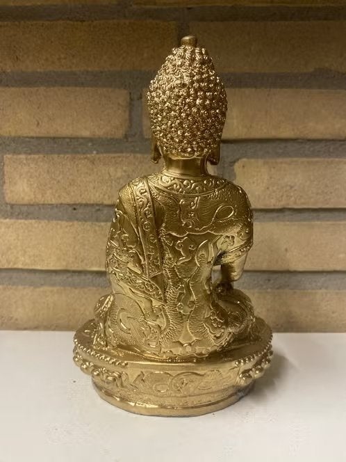 Vergulde bronzen Boeddha met drakenmantel, Met reliëf, N.v.t., N.v.t., 21 cm