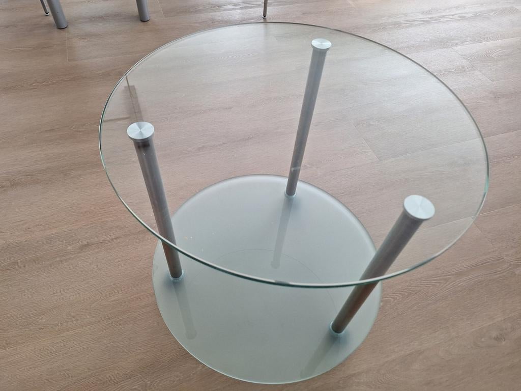 Glazen bijzettafel met metalen poten, Huis en Inrichting, Minder dan 55 cm, Gebruikt, Rond, Glas