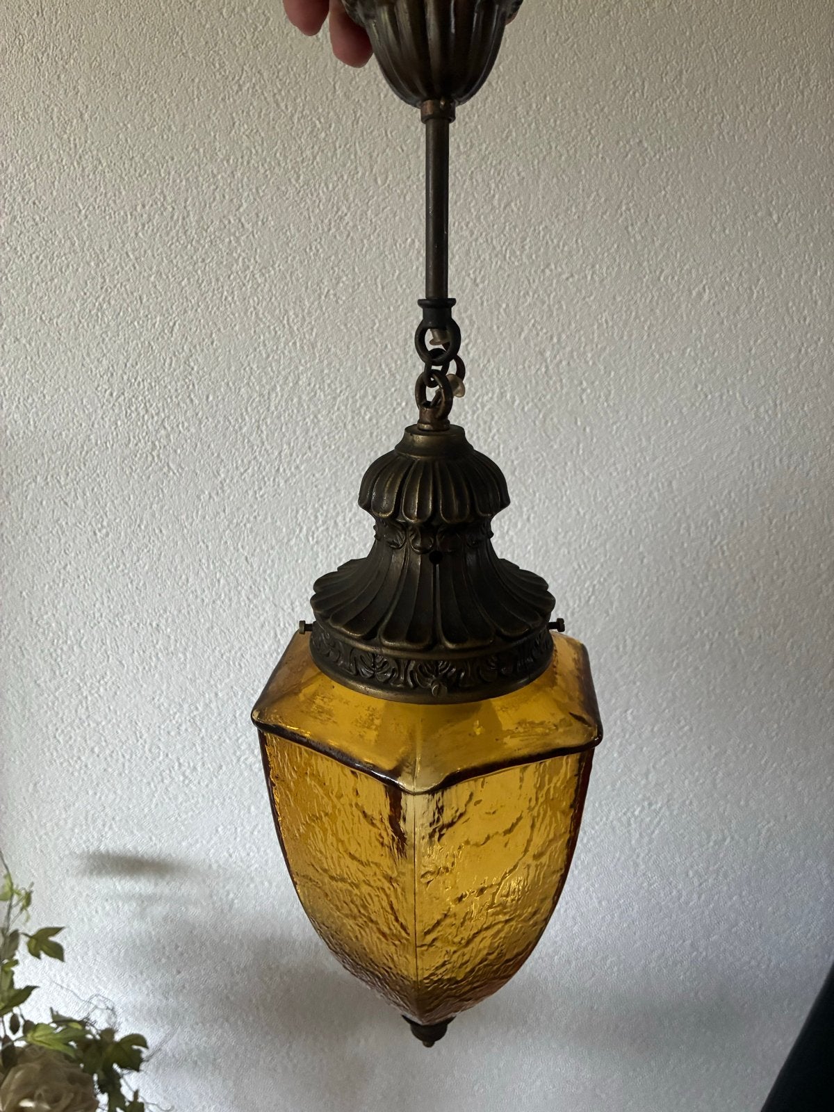 Vintage hallantaarn met Amberkleurig Glas, Antiek en Kunst, Ophalen