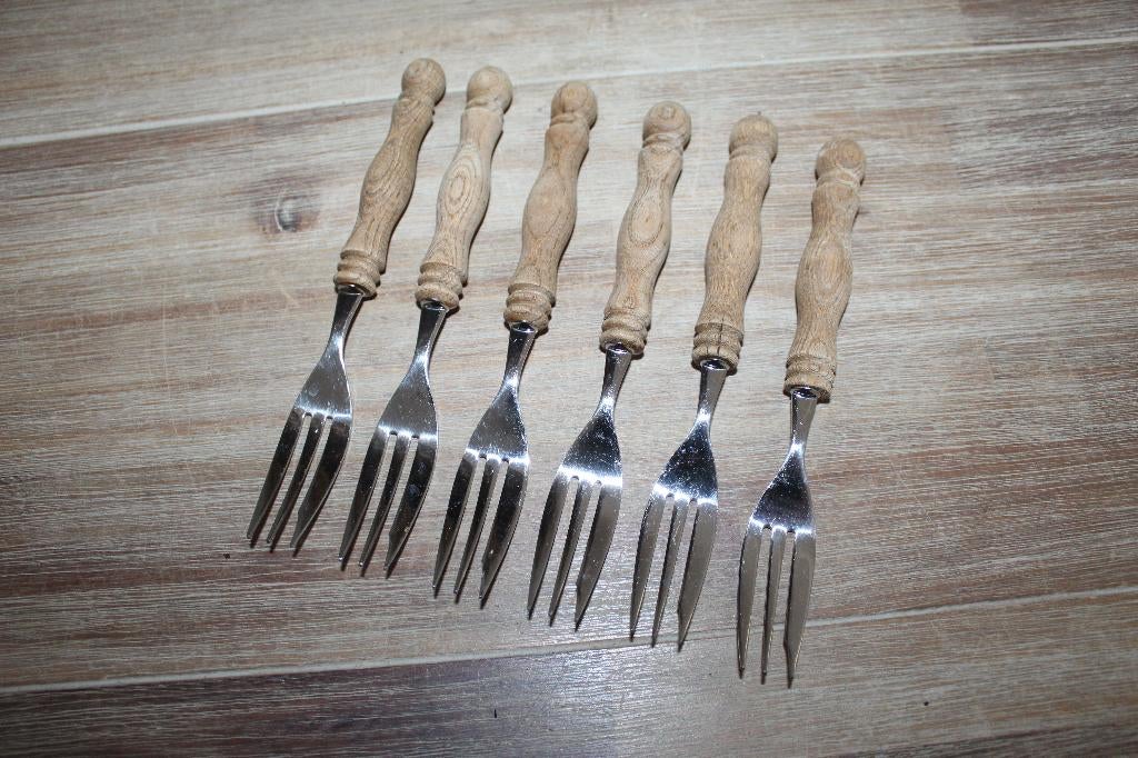 6 vintage gebaks of tapas vorkjes met houten heft, Antiek en Kunst, Ophalen of Verzenden