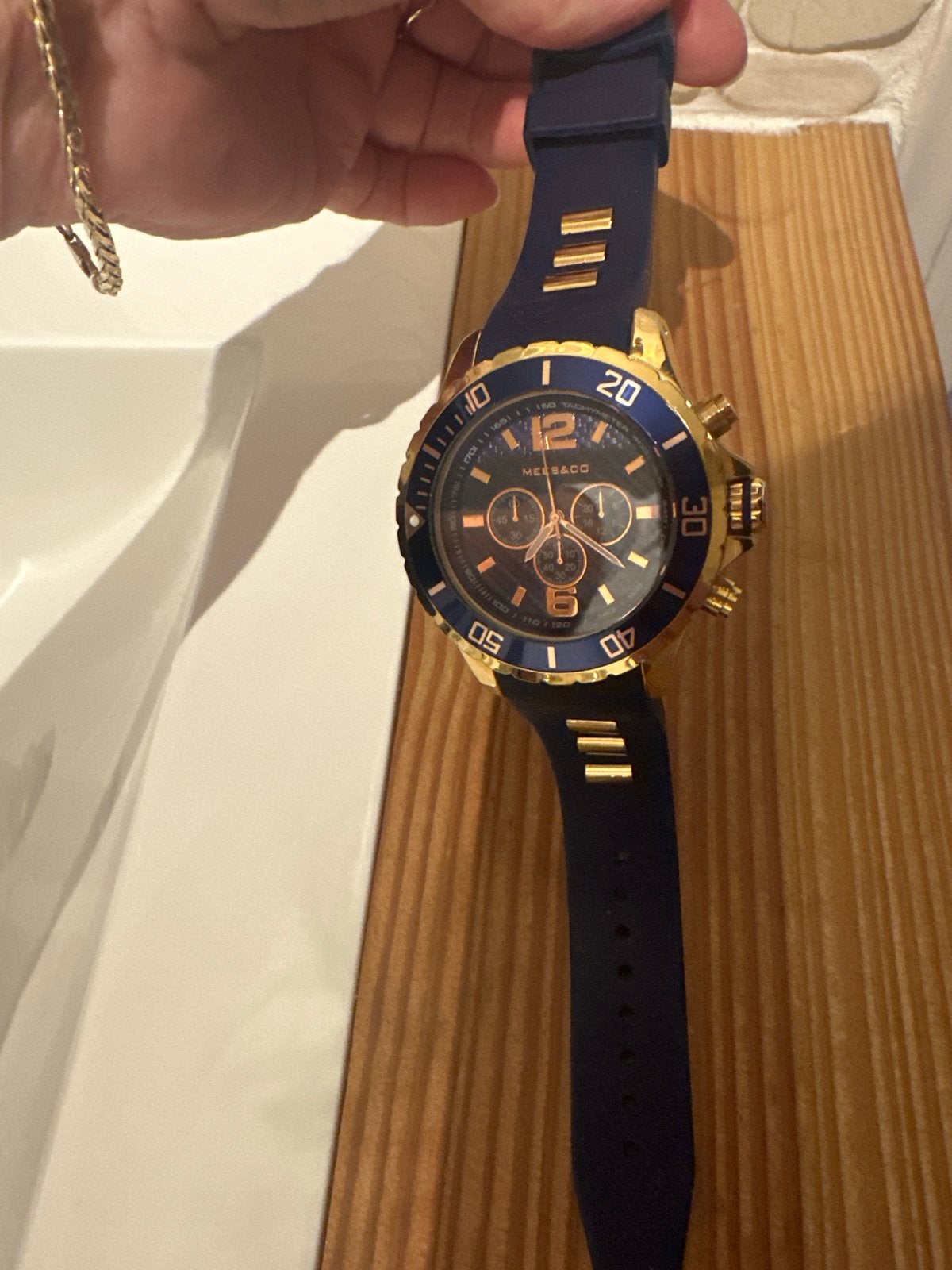 Mooi Mees & Co dames/herenhorloge - Goudkleurig met blauw, Overige materialen, Polshorloge, Kunststof, Zo goed als nieuw
