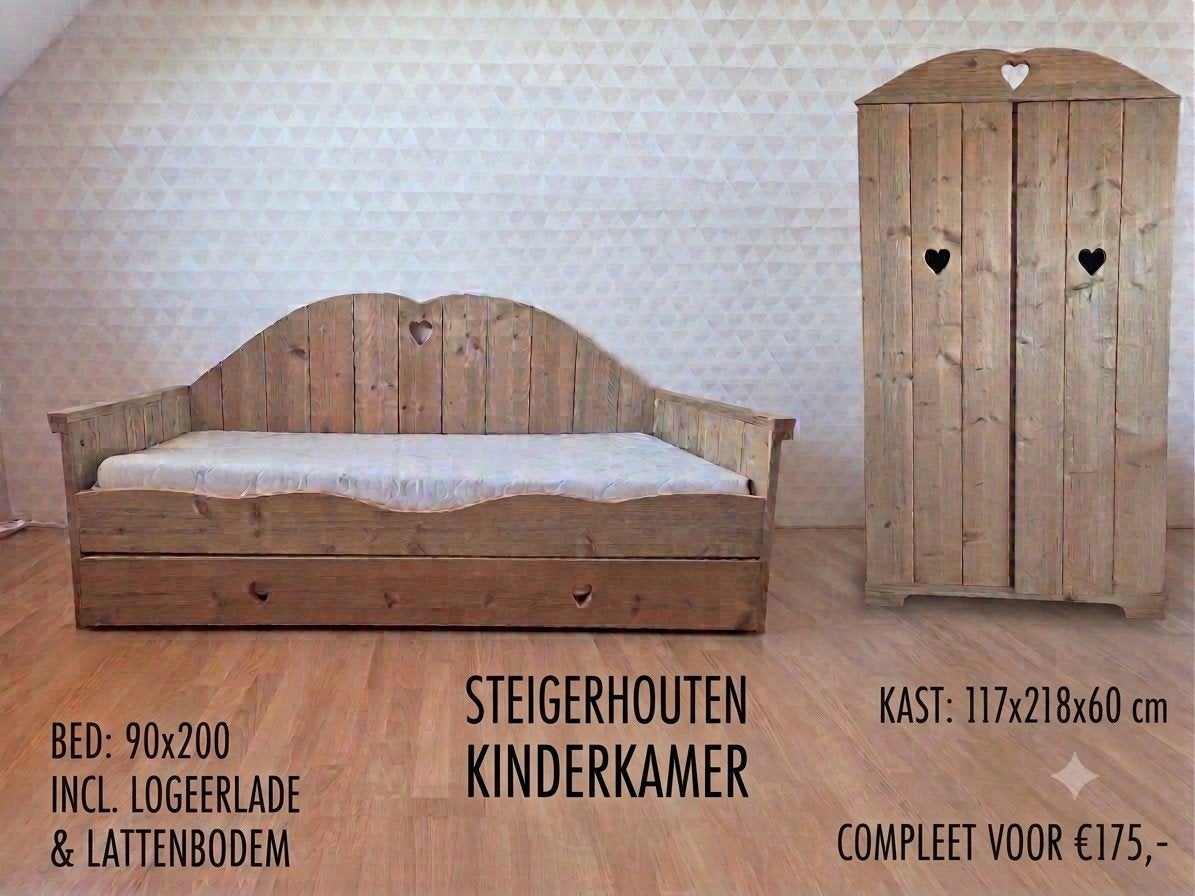Steigerhouten Kinderkamer: Bed met Logeerlade + Grote Kast, Ophalen, Zo goed als nieuw, Meisje