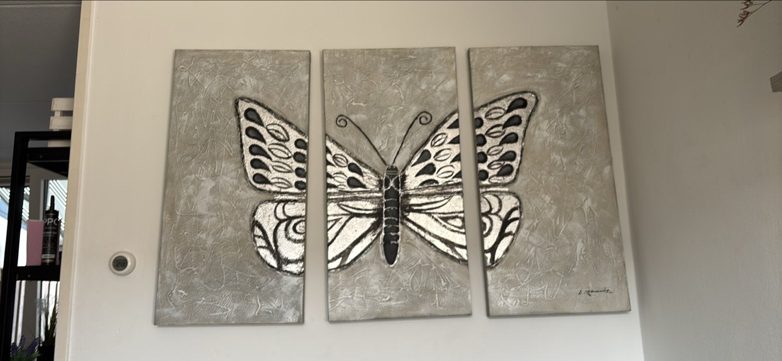 Wanddecoratie vlinder 3-luik zilver/grijs, Huis en Inrichting, Hout, Ophalen of Verzenden, Zo goed als nieuw, Wandbord of Wandpaneel